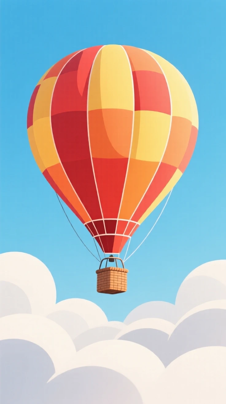 A hot air balloon rising above the clouds toward a bright blue sky.