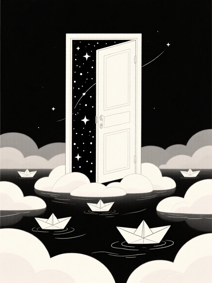 A dreamlike door opening into a starry galaxy rising from a world made entirely of clouds, filled with paper boats sailing on air, evoking gentle magic.