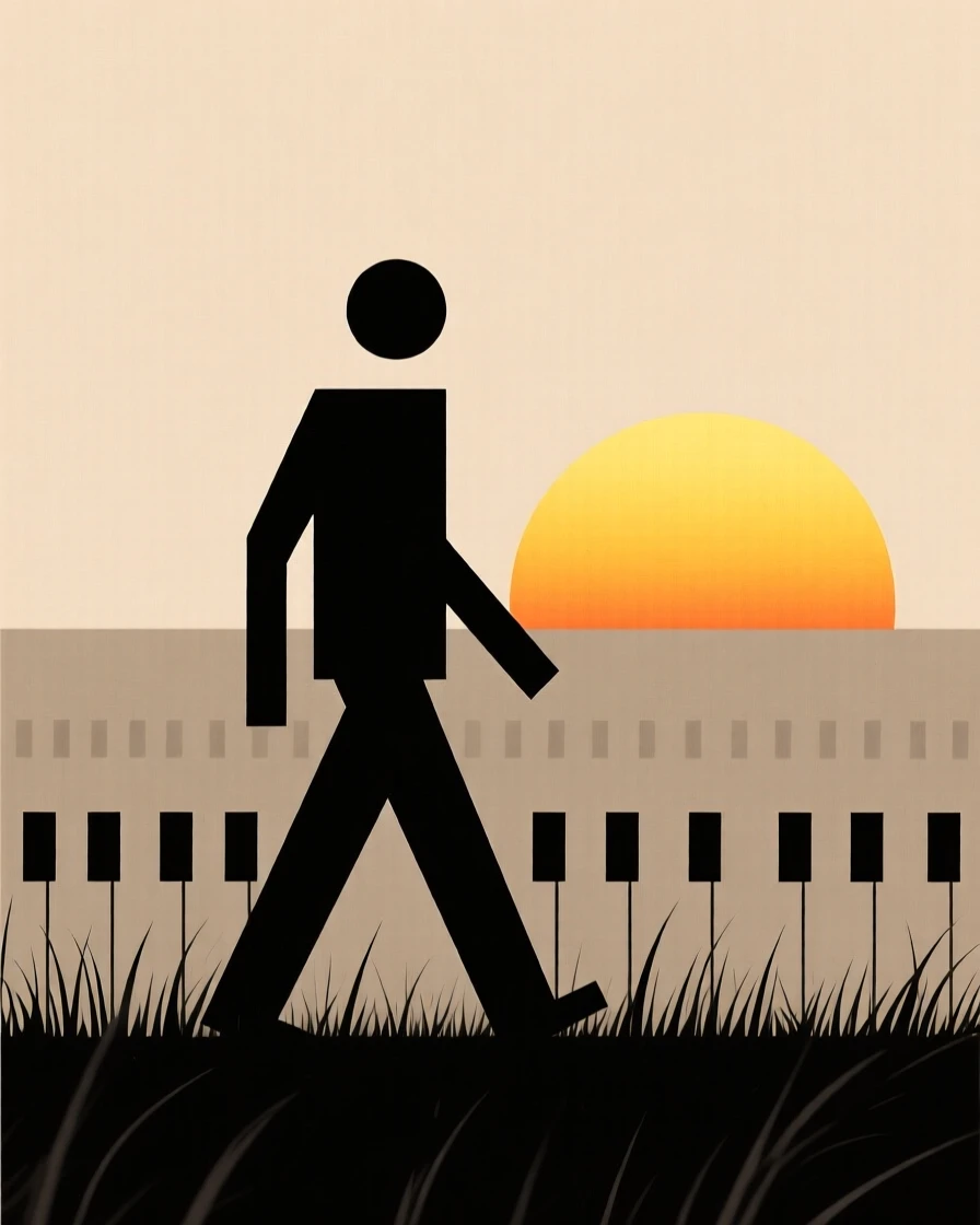 A person walking through a field toward a golden sunset