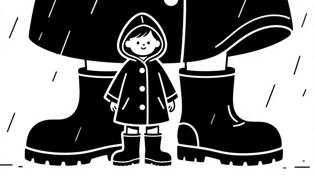 A toddler wearing oversized rain boots and a raincoat.