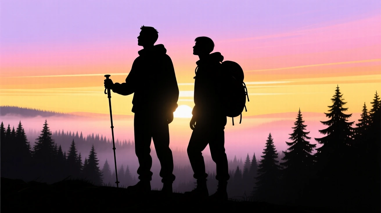 A pair of hikers reaching the treeline just as the fog begins to clear.