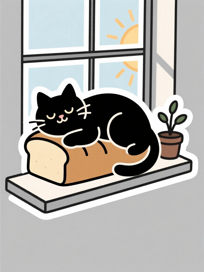 An irresistibly wholesome cat loafing like a bread loaf on a windowsill, with an expression that melts hearts instantly, a simple moment that feels universally loved.
