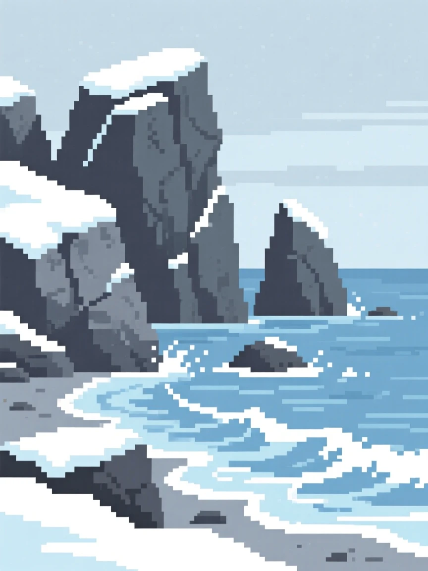 A rocky coastline dusted with a light layer of fresh snow, along a coastline where waves gently break.