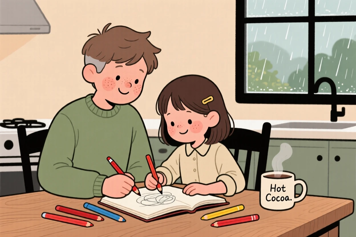 A older brother teaches a young girl how to sketch with colored pencils at the kitchen table while rain taps gently against the window, both focused and smiling.