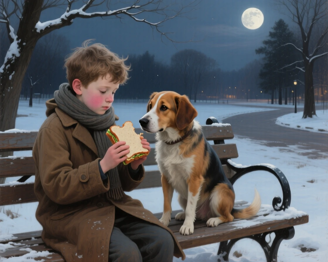 An intimate close-up of a young boy sharing his sandwich with a loyal dog on a park bench, in deep winter, under a full moon.