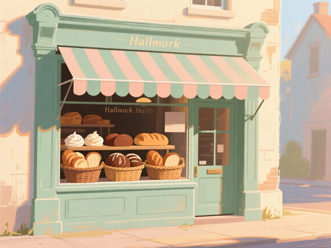 A village bakery with a striped awning and baskets of bread in the window