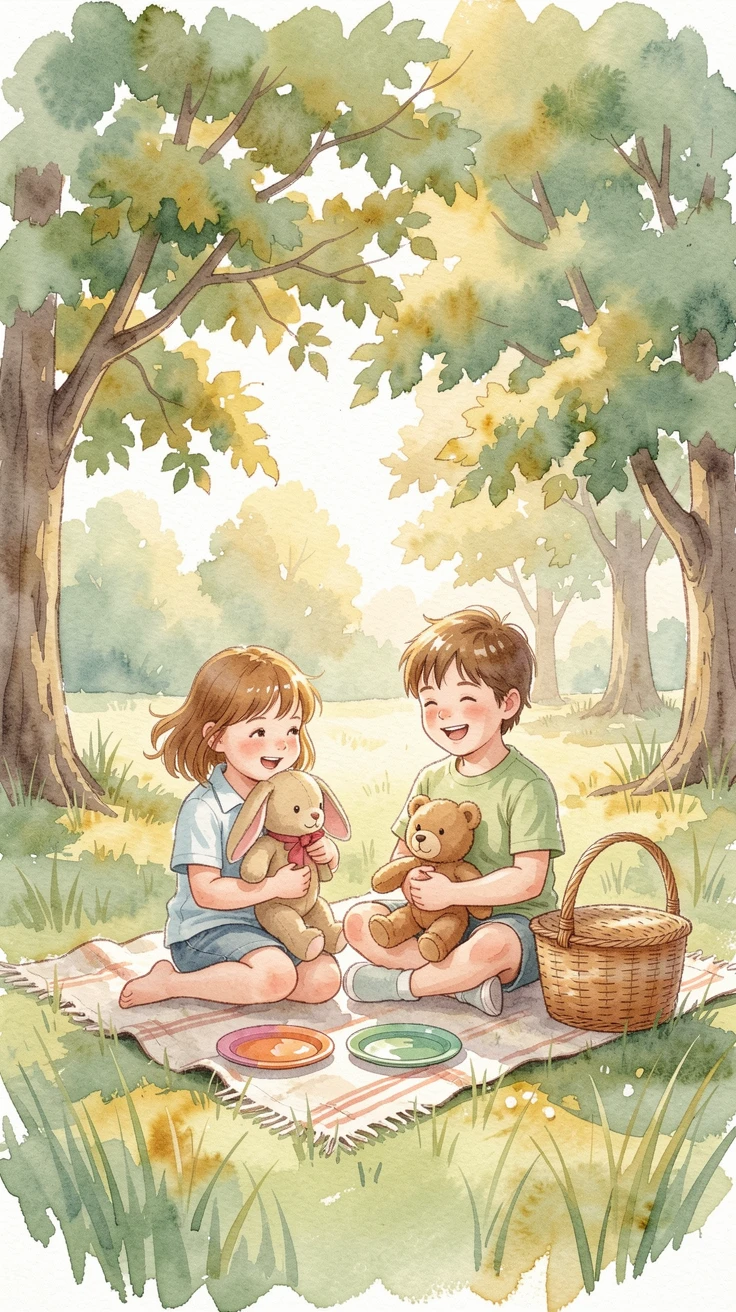 Kids having a picnic with stuffed animals with a gentle breeze rustling nearby trees.
