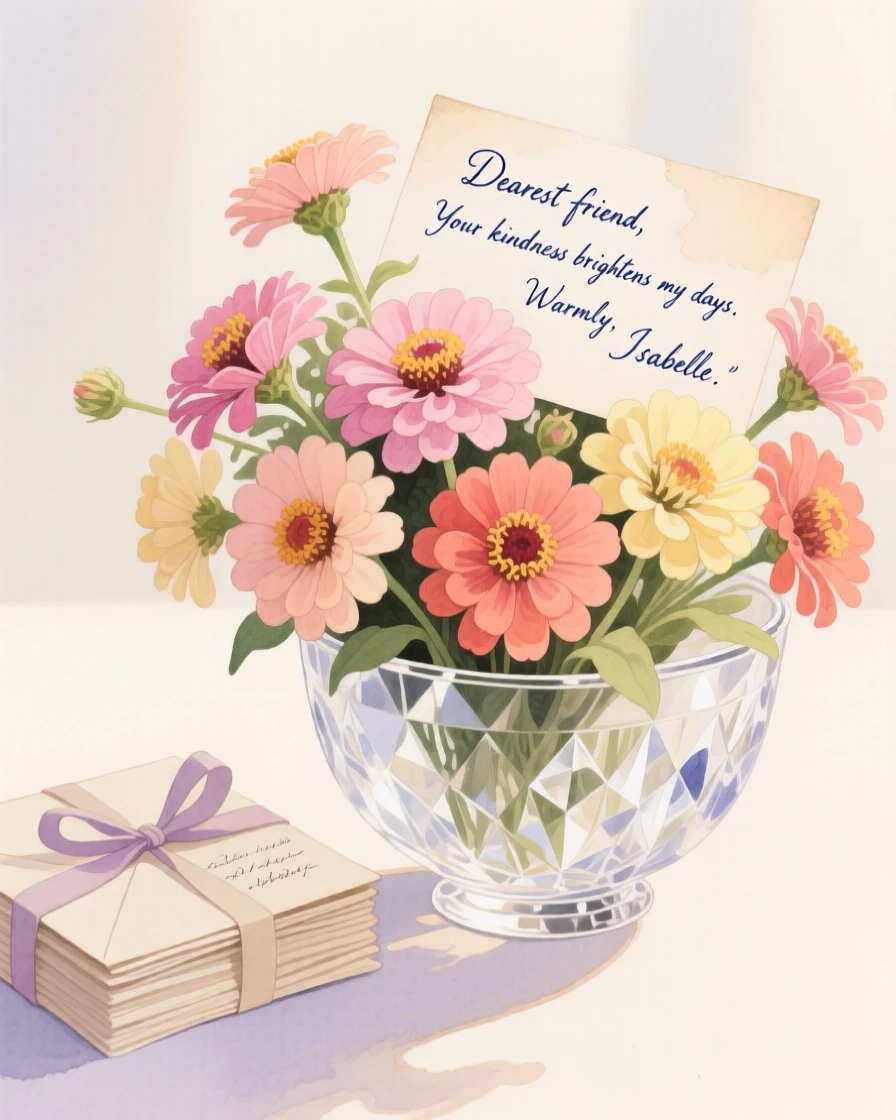 A bouquet of zinnias in soft, layered tones fills a delicate crystal bowl beside a stack of handwritten letters, petals catching the gentle light