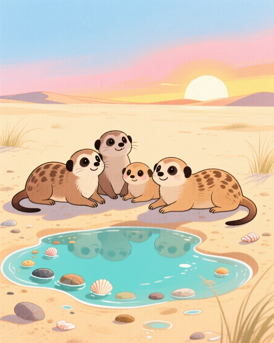 A family of meerkats resting peacefully in a sandy beach at low tide at sunrise.