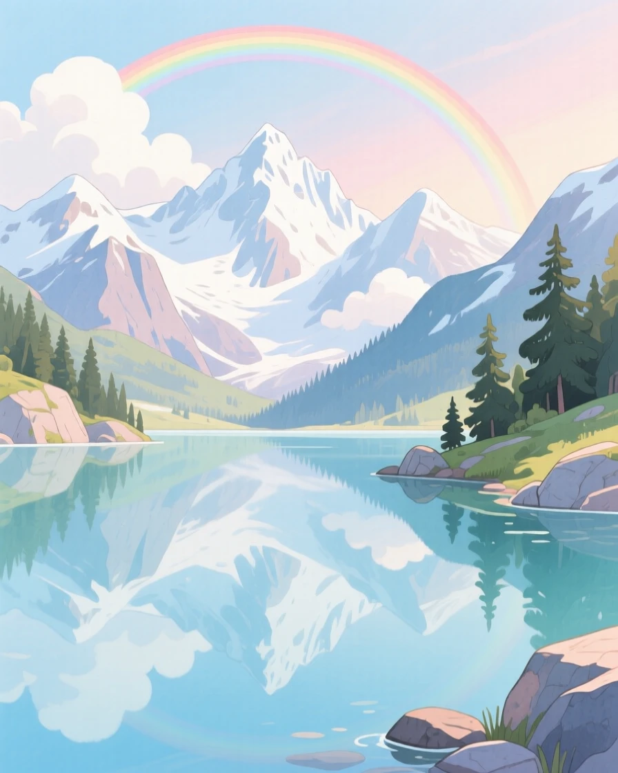 A crystal-clear alpine lake reflecting snow-capped peaks, with a rainbow arching softly overhead, filled with quiet majesty and stillness.