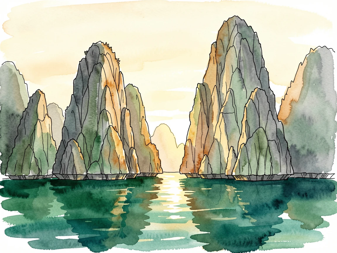 A limestone karst landscape rising from still emerald water, golden light spilling across the landscape at the close of day.