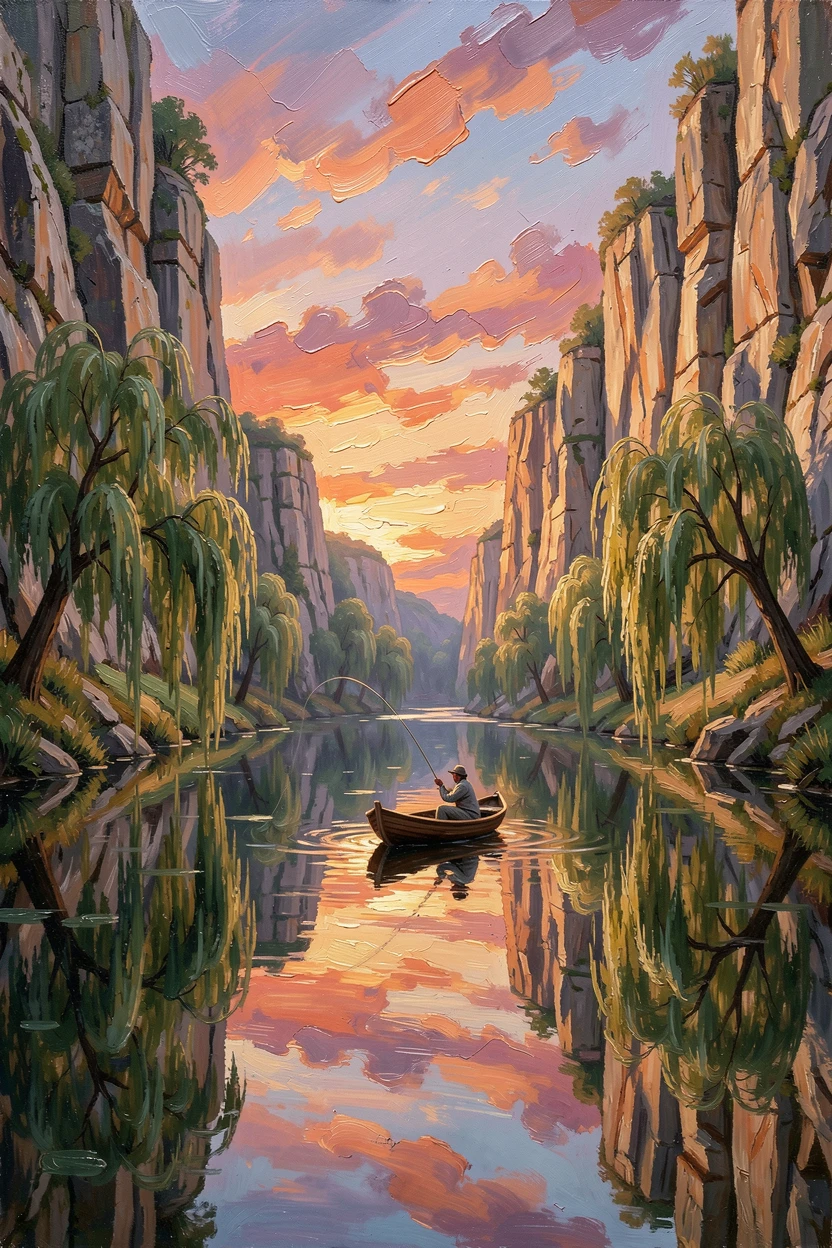 A river winding through a steep limestone gorge, flanked by weeping willows trailing into the water, a lone fisherman casting a line from a small boat, at sunset, the sky reflected perfectly in the still water.