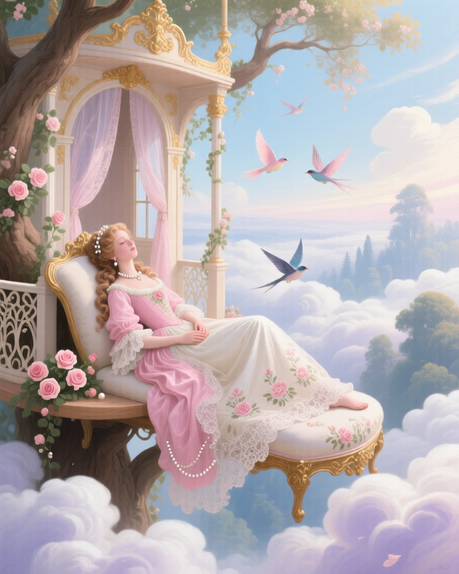A princess resting in a treehouse palace above a forest of clouds  