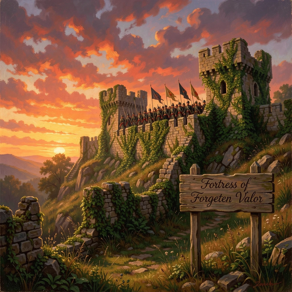 An army walks the ramparts of a ruined castle reclaimed by ivy as the sun sets behind the walls.