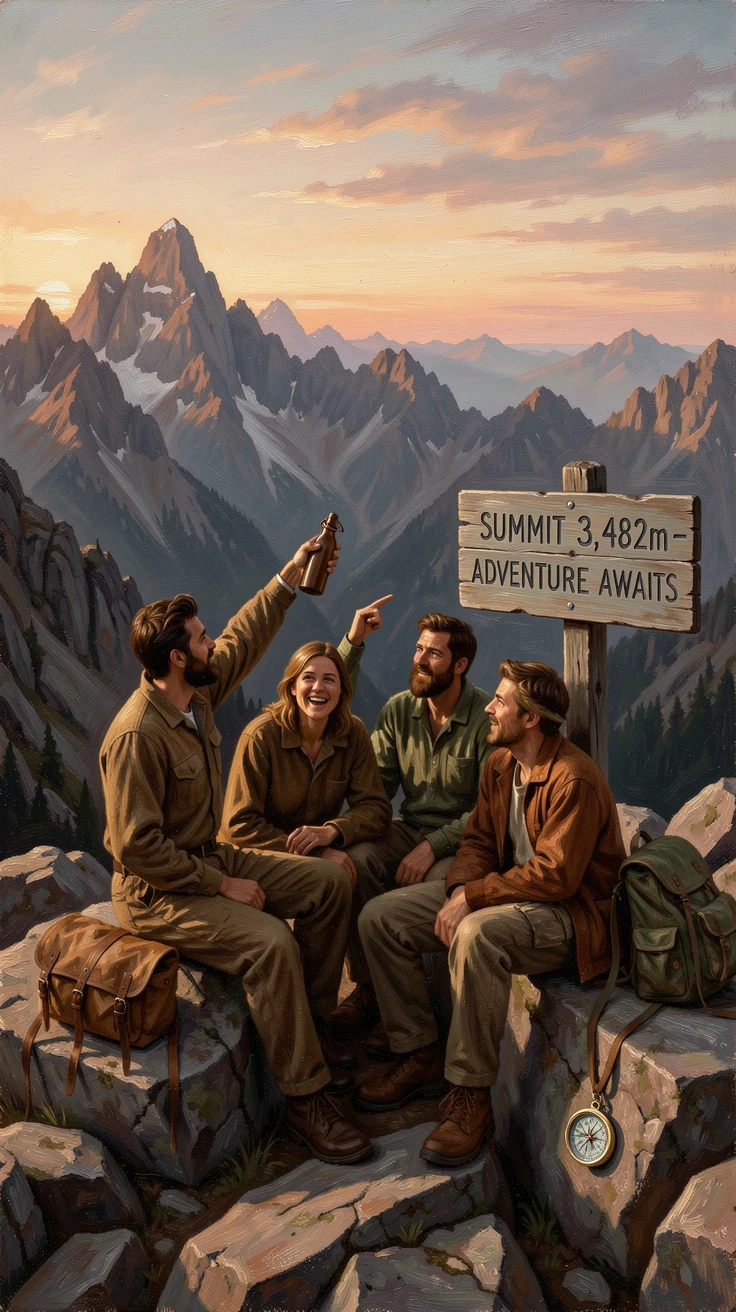 A group of friends celebrating together atop a mountain summit at sunrise, as the vastness of the destination dwarfs the traveler in scale, capturing the excitement, freedom, and wonder of travel