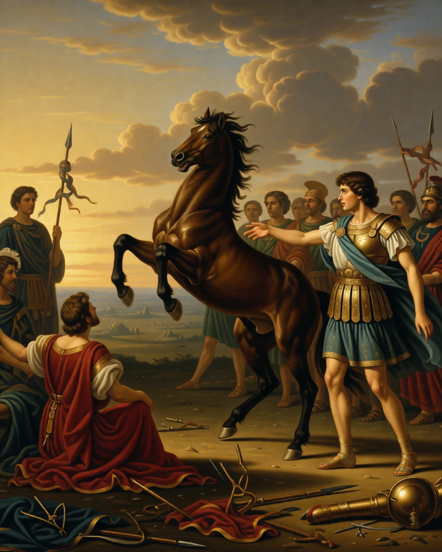 A young Alexander taming the wild stallion Bucephalus before a crowd of nobles as golden light breaks through the clouds above, set on a windswept battlefield strewn with fallen standards, with gilded armor catching the light and rich fabrics billowing in the wind; the horizon splits the scene between earthly struggle and divine light, capturing the timeless clash of glory and mortality.