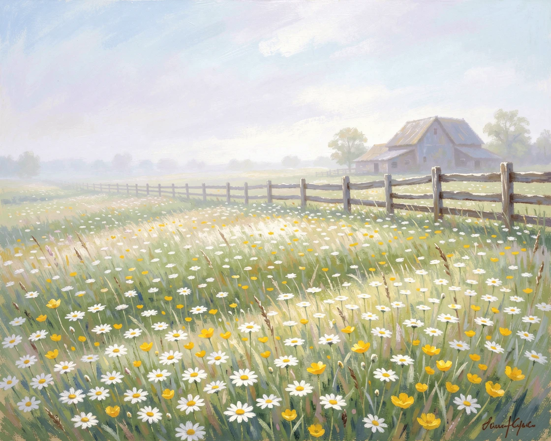 A peaceful meadow filled with wild daisies and buttercups, a weathered wooden fence marking the edge of a farm, radiating serenity and gentle stillness.
