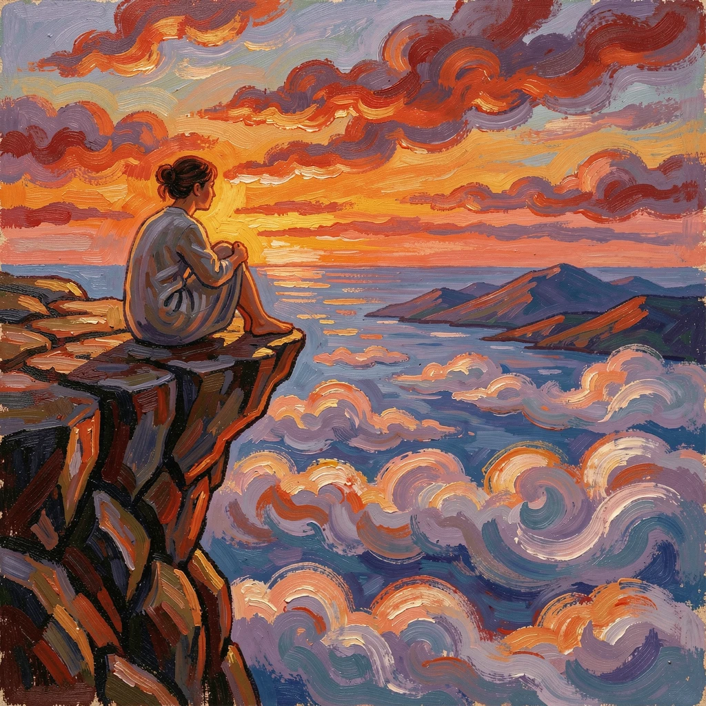 A solitary figure sitting at the edge of a cliff, watching clouds drift below at sunset.