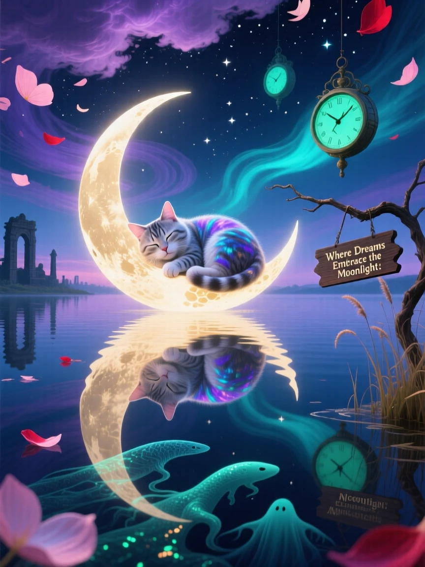 A cat curled asleep on a floating crescent moon pauses quietly at the edge of a still and glassy lake, while soft petals drift down from an unseen sky above.