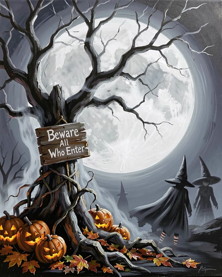 A spooky Halloween night scene shows a full moon rising behind a silhouetted haunted tree draped in wispy fog, small traditional details in costume and decoration rewarding a closer look.