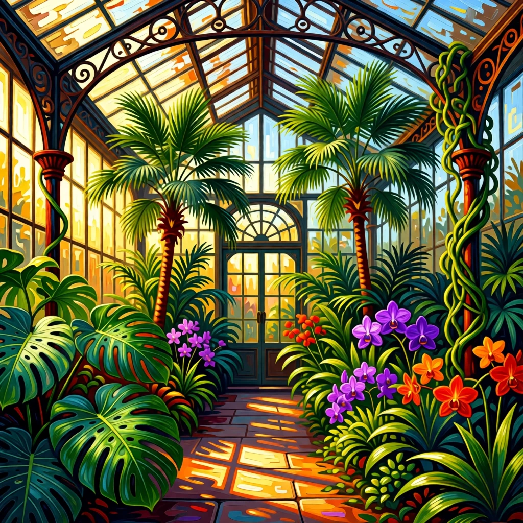 A grand old greenhouse filled with towering exotic plants and shafts of golden afternoon light
