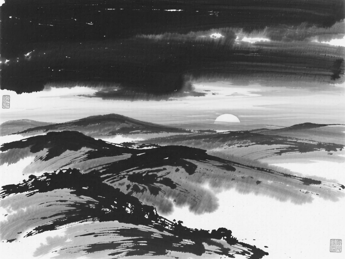 A dramatic sunset paints the sky in shades of orange above rolling hills, as the last light of day fades across the horizon.