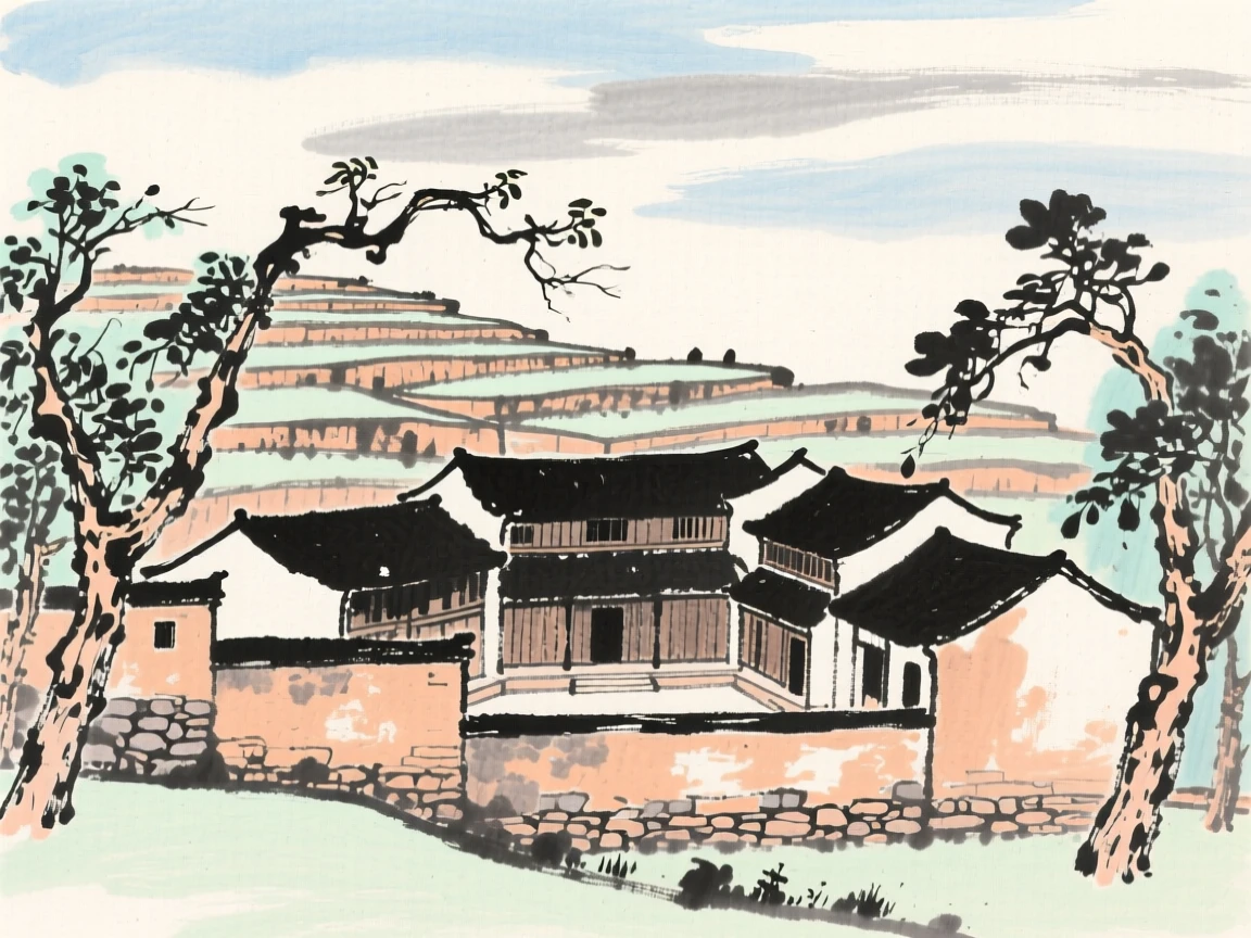 Terraced courtyards of an old family estate framed by garden trees, under a sky streaked with clouds, in the height of summer.