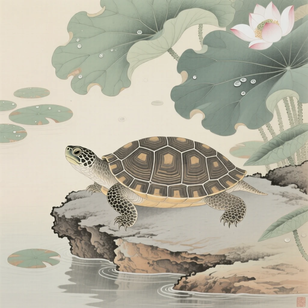 A turtle resting on a sun-warmed rock beneath a canopy of floating lotus leaves