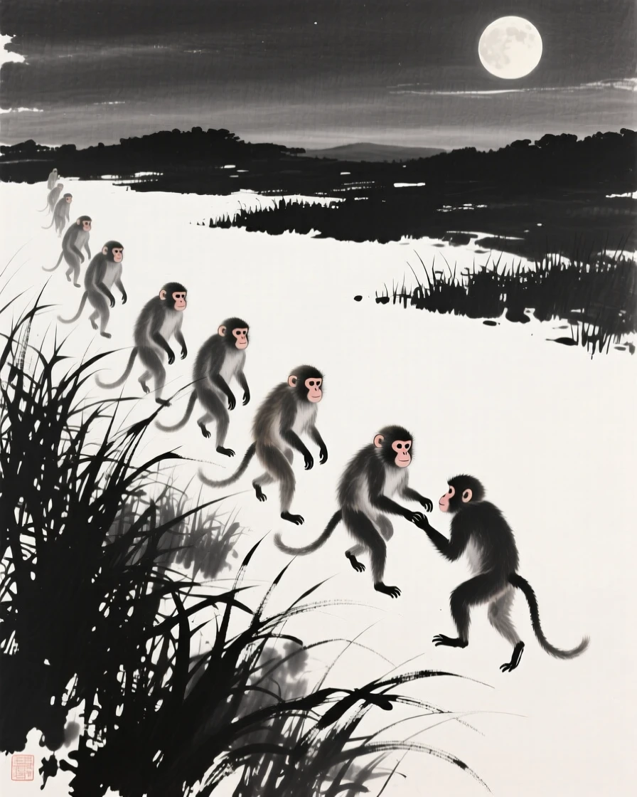 A troop of monkeys walking through tall grass at dusk in a moonlit clearing, positioned off-center, leaving space for the quiet landscape around it, capturing a fleeting, tender moment of wild life.
