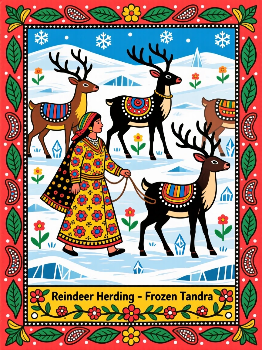 A reindeer herder guiding his herd across a frozen tundra.