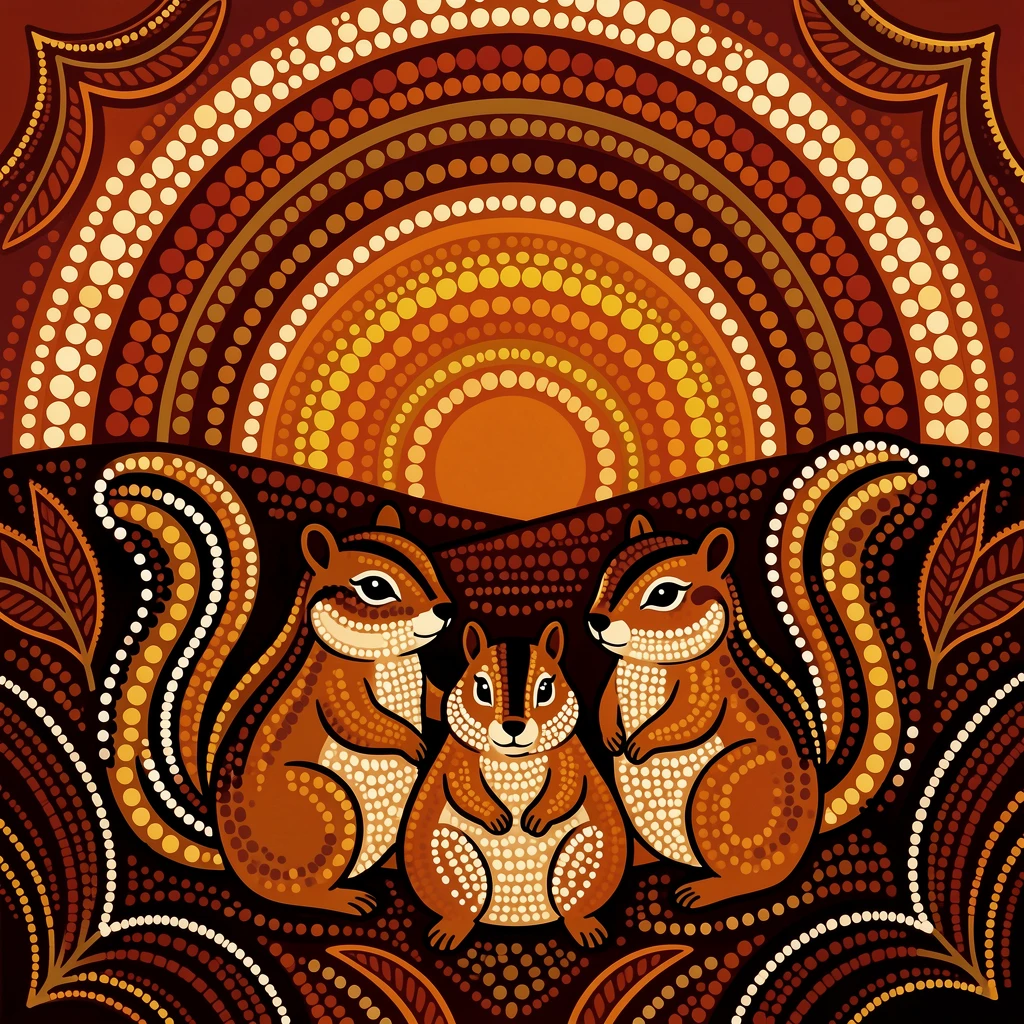 A chipmunk family gathered at sunset