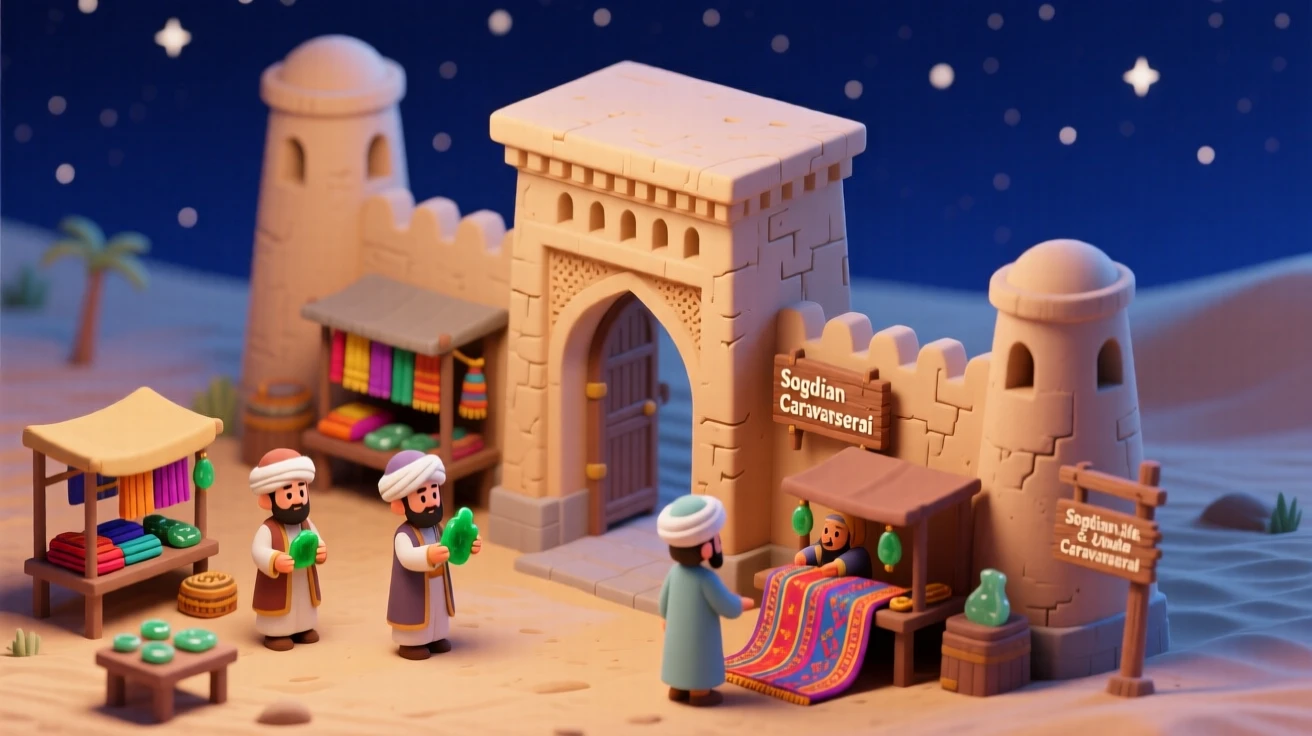 An ancient Sogdian caravanserai along the Silk Road, merchants trading silk and jade beneath a starlit desert sky.