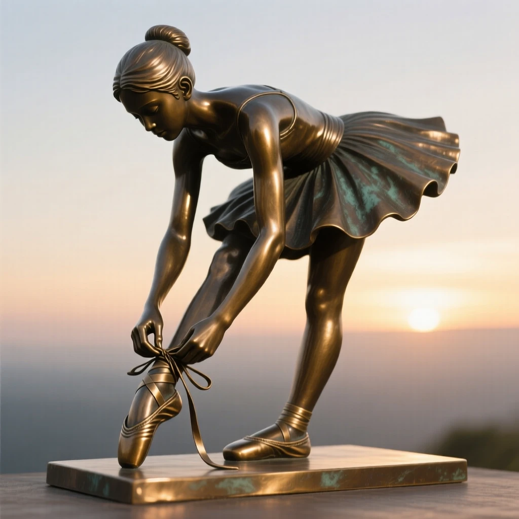 A young ballerina lacing up her pointe shoes, silhouetted against a glowing horizon, forming a strong central focal point