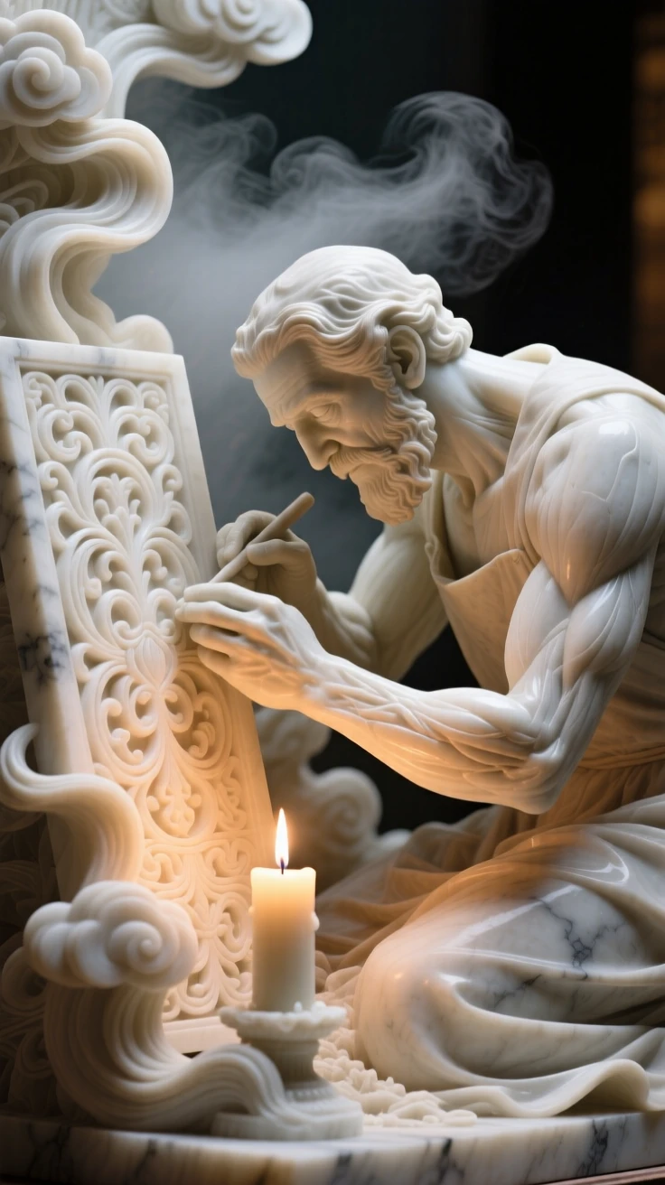 A vivid, emotionally rich scene of an artisan carving intricate patterns by candlelight, amid swirling clouds and mist, designed to captivate and inspire