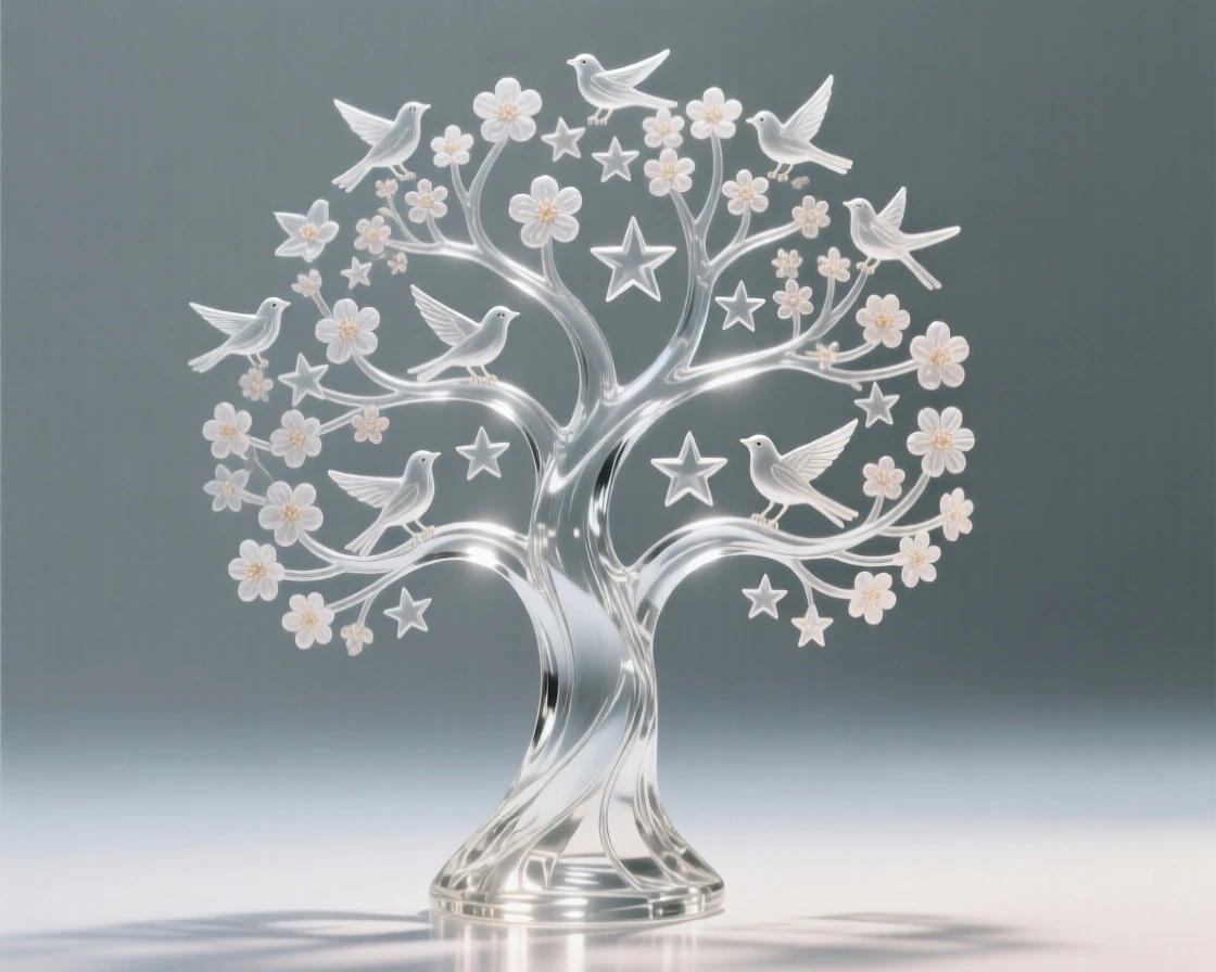 As tiny particles of light rise slowly upward, a tree of life whose branches hold hundreds of birds, blossoms, and stars