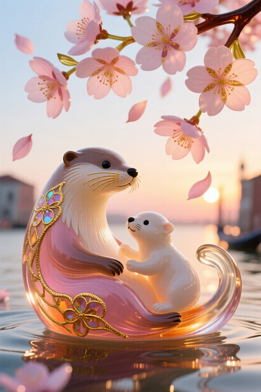 A mother otter and pup floating together beneath the most delicate drifting cherry blossom petals at sunrise, tender and playful.