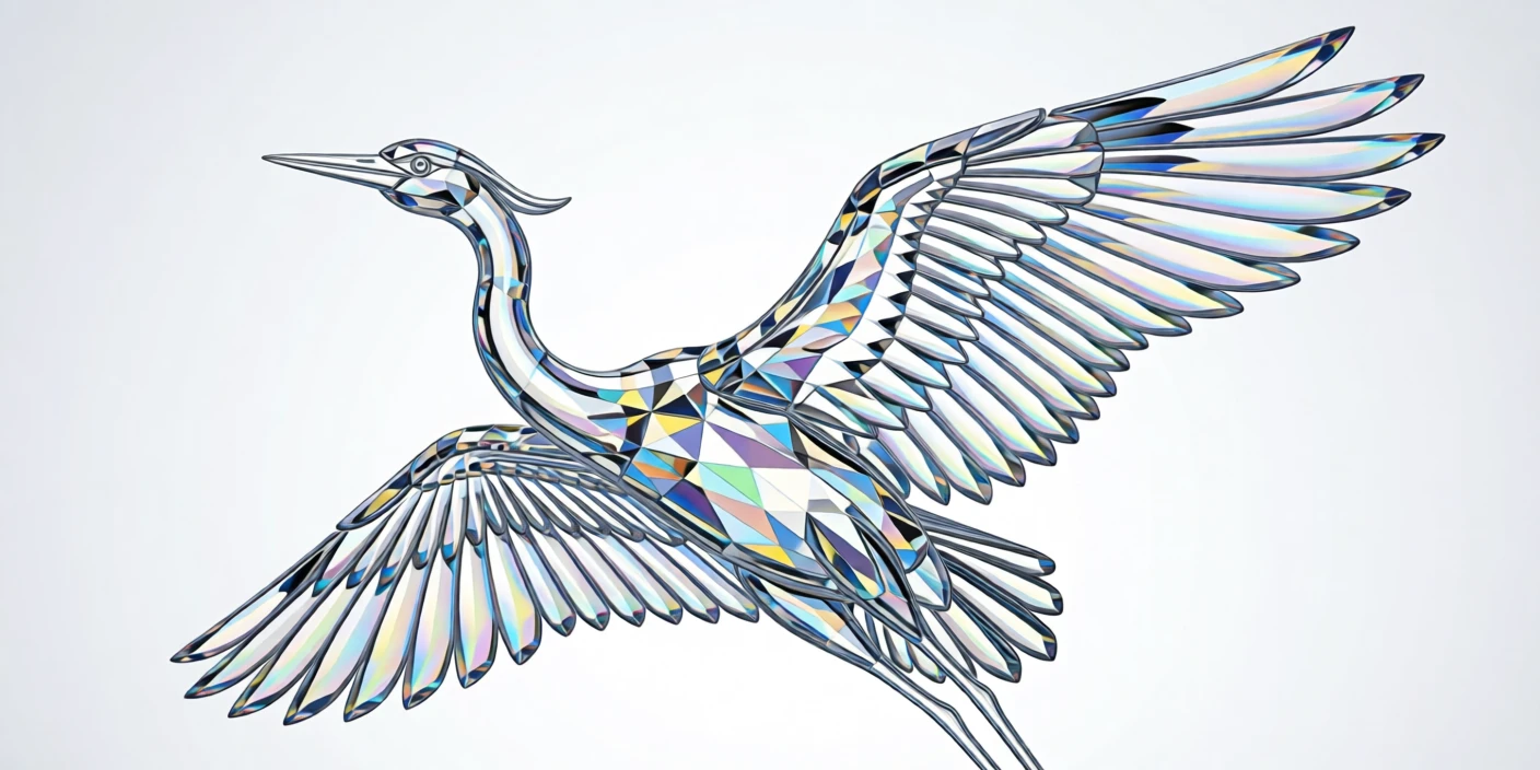 An abstract composition of rippling silk forming the silhouette of a soaring heron.