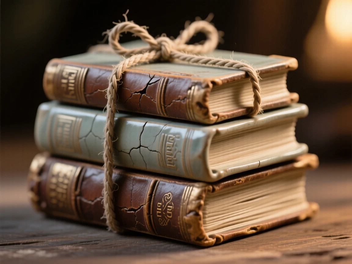 A stack of antique books tied with twine framed in soft, warm ambient light, its surface polished to a gentle sheen, conveying a cozy, storybook atmosphere.