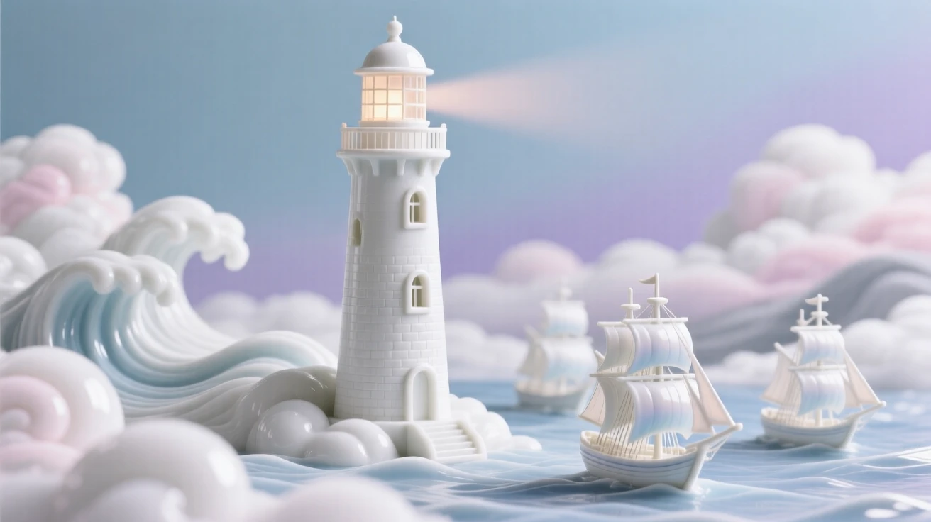 A dreamlike scene of a lighthouse guiding ships across a sea of clouds, blending quiet realism with pure wonder.