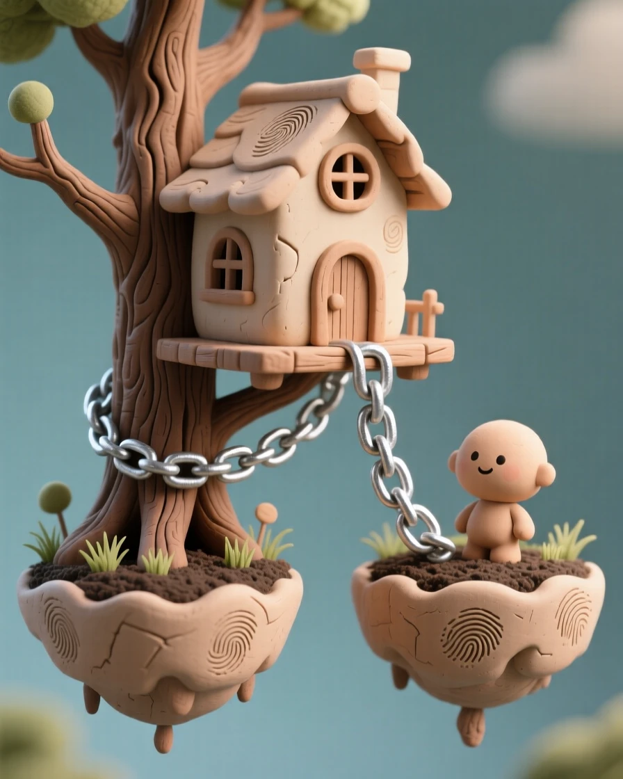 A treehouse suspended between two floating islands by silver chains