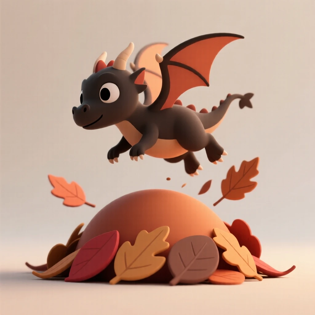 A curious baby dragon tries to fly for the first time, tumbling into a soft pile of autumn leaves.