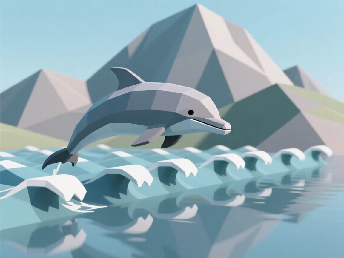 A dolphin leaping over rolling waves, beside a crystal-clear mountain lake. delicate detail is visible in the fur and eyes. The scene radiates quiet strength.