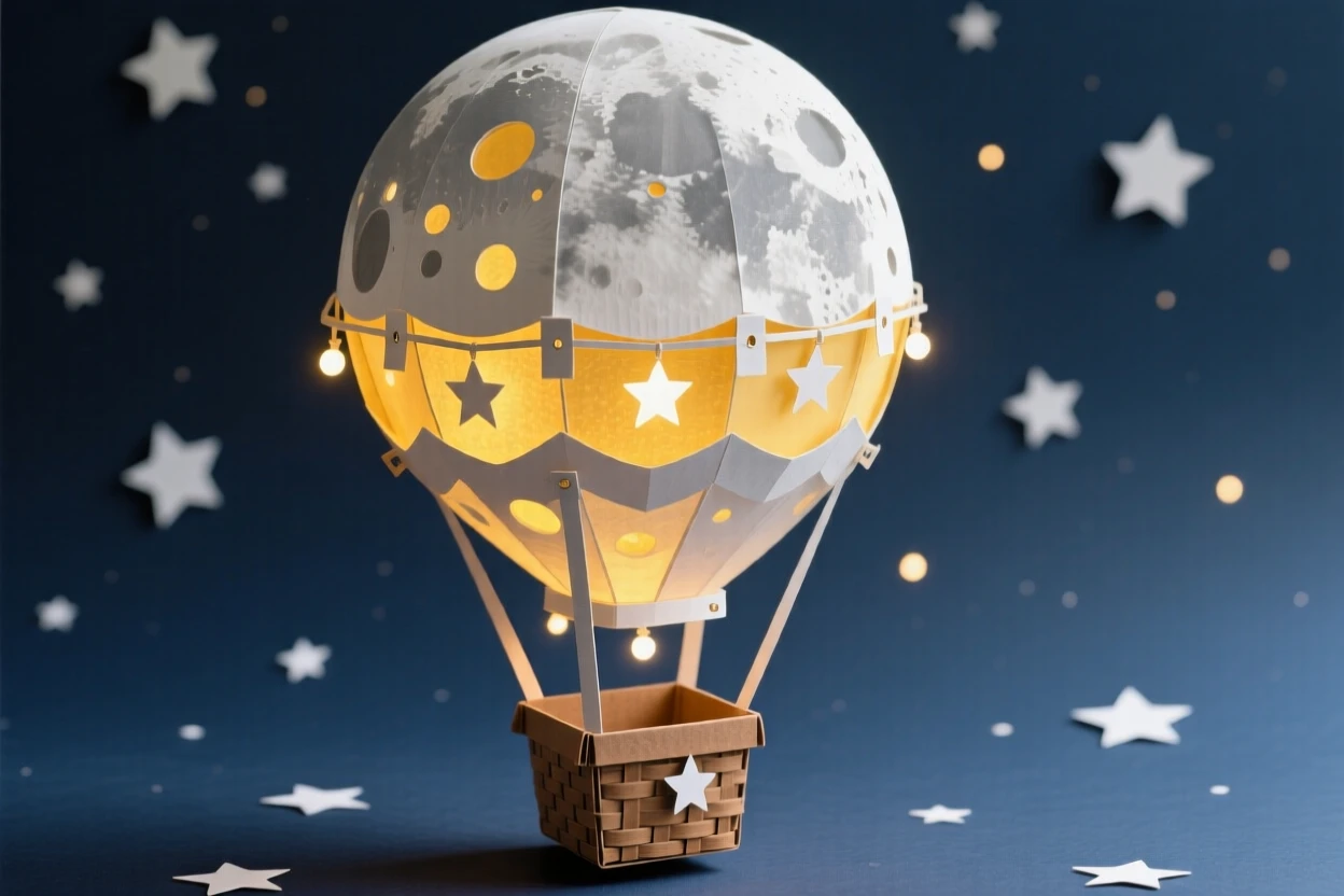 A giant moon-shaped hot air balloon illuminated by warm golden light, with tiny lights glowing from within, evoking dreamlike wonder and imagination.
