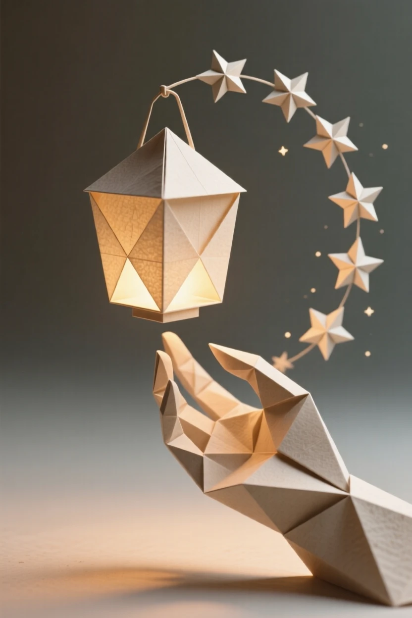 A hand releasing a lantern that drifts upward, trailing a path of stars behind it.