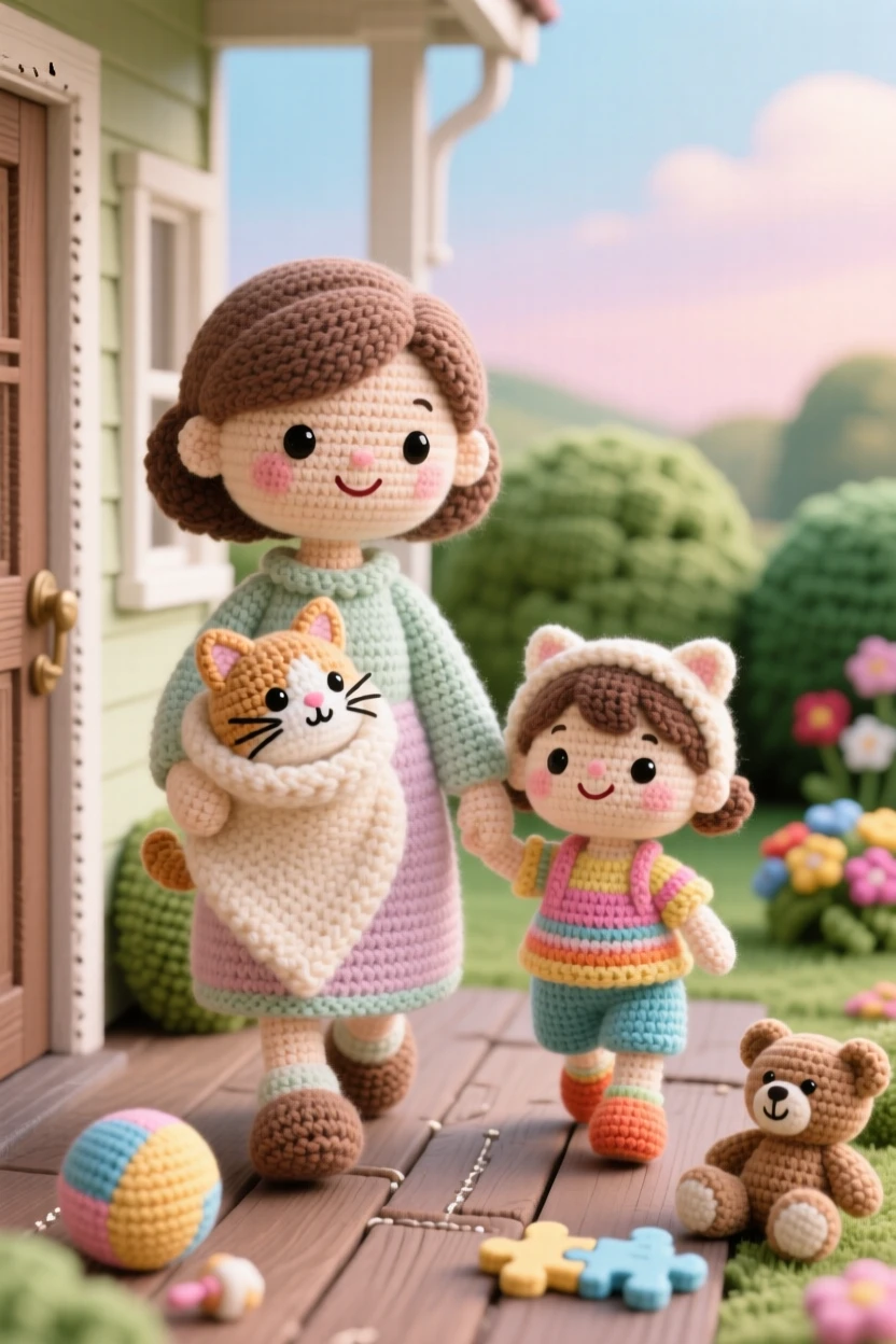 a mother and child walking a rescued kitten home, cradled carefully in a soft blanket, smiling at their newest family member, in a quiet porch overlooking a peaceful garden, with a scattering of toys tidied nearby, radiating the simple joy of everyday family life.
