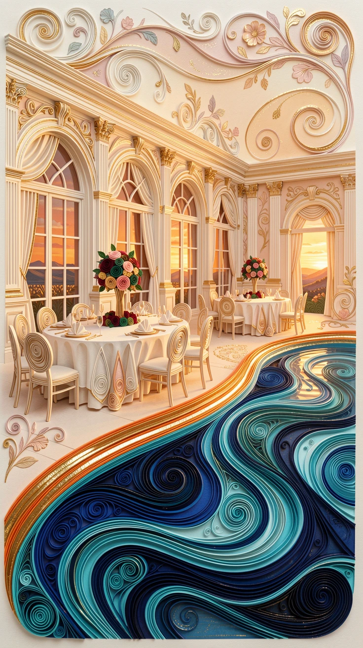A sophisticated luxury scene of a grand ballroom set for an elegant evening gala beside an infinity pool at golden hour, with a subtle metallic gold shimmer, framed with an air of quiet, understated elegance.