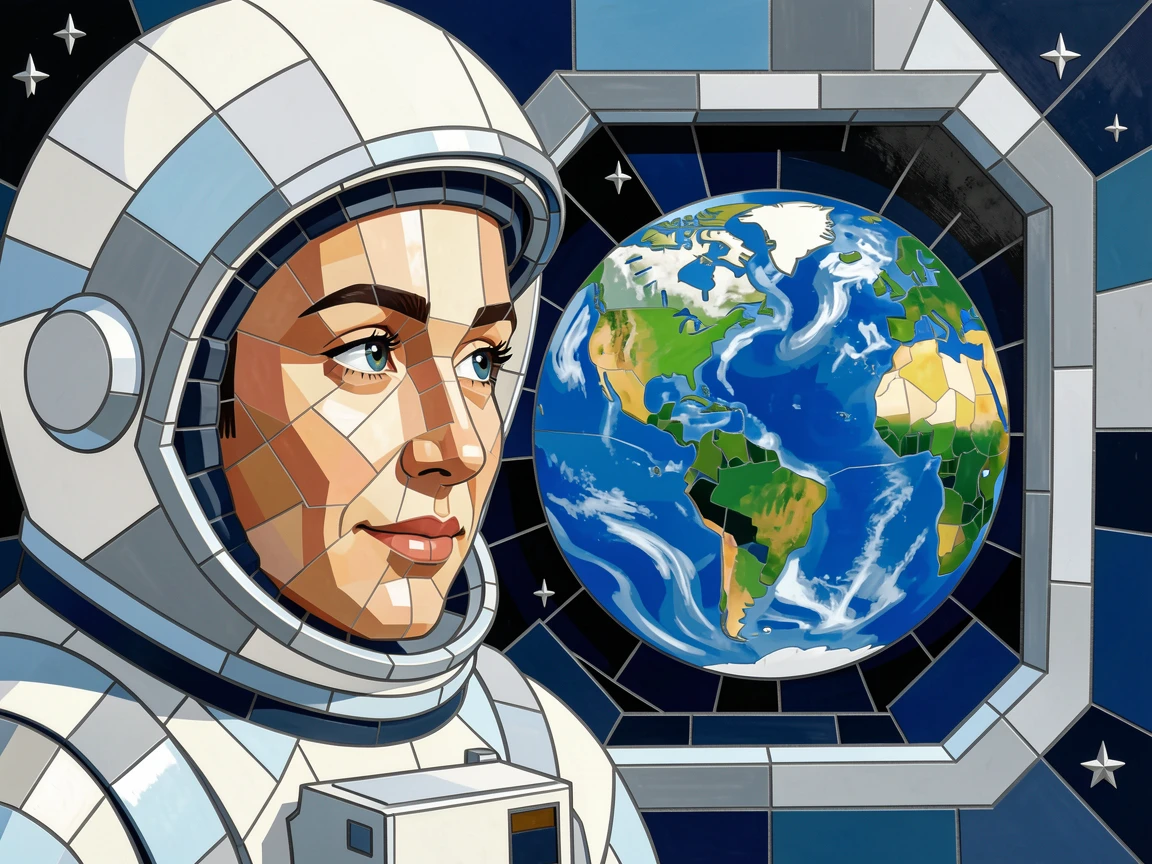 A close-up emotional portrait of an astronaut gazing at Earth through a spacecraft window, with striking eyes and gentle expression.