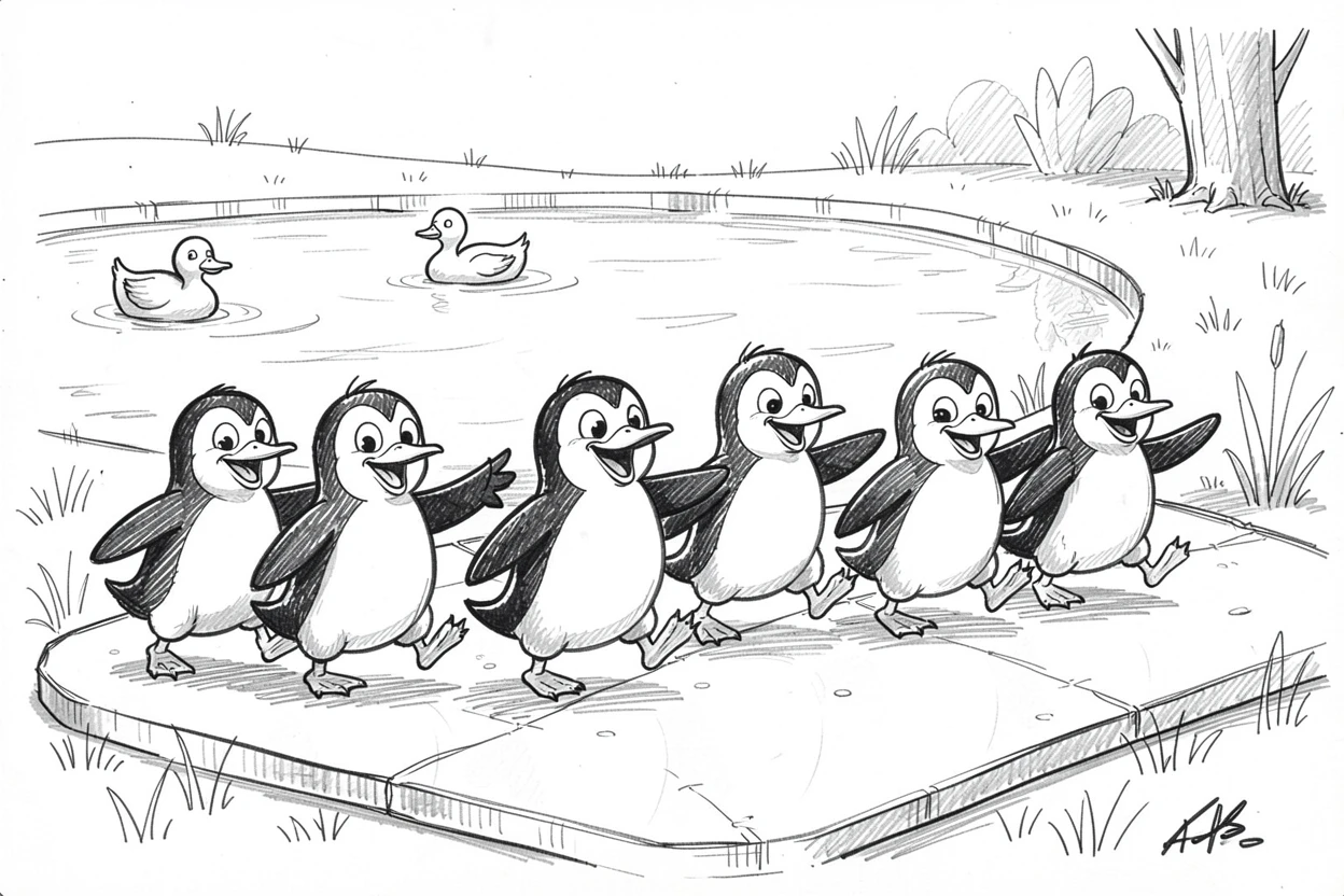 A group of penguins forming a conga line on ice beside a duck pond in the park.
