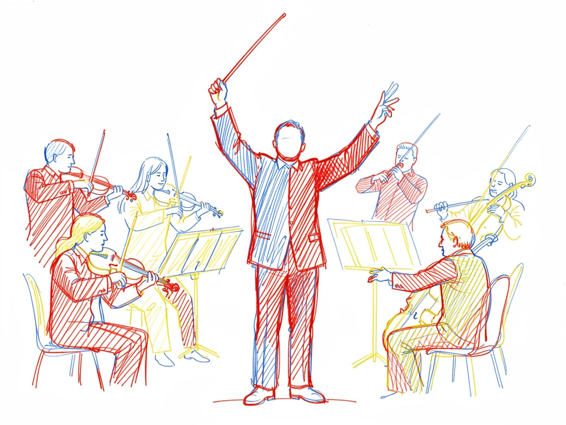An orchestra mid-performance, conductor's baton raised dramatically