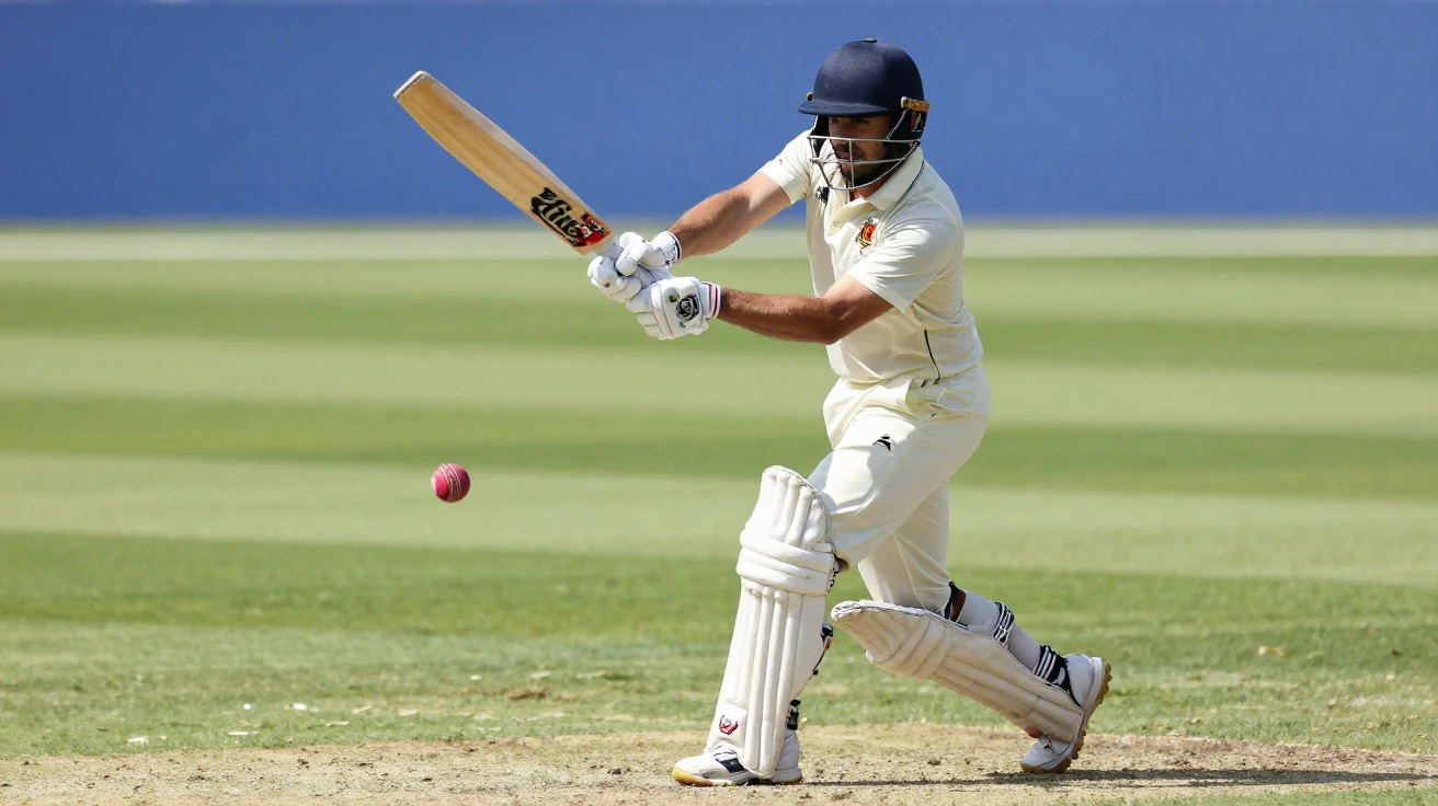 A cricket batsman swinging at a fast delivery